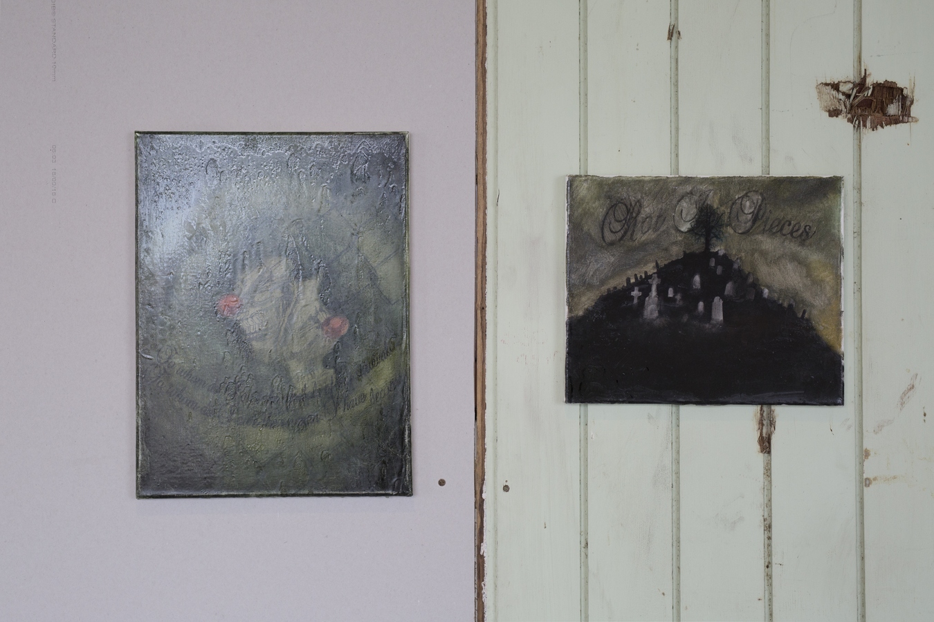 Joanna Neumegen, im getting really tired of these broken promithes promithes, Paint, pen, graphite paper, 2016 & resin of becoming, Paint, pen, graphite paper, resin, 2016 Image: Daegan Wells