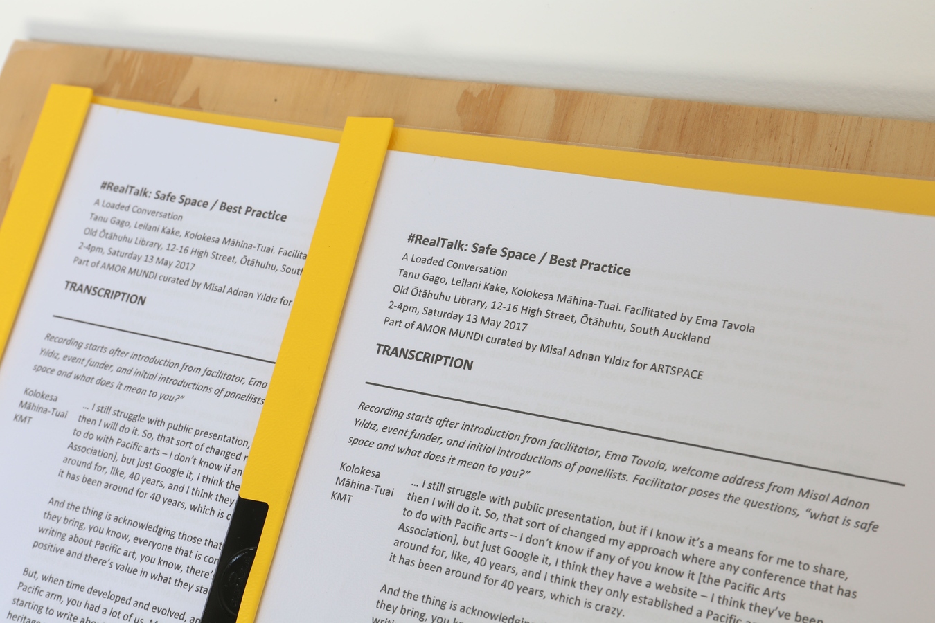 #RealTalk: Safe Space / Best Practice: A Loaded Conversation (detail), 2017, transcript of conversation between Tanu Gago, Leilani Kake, Kolokesa Māhina-Tuai. Facilitated by Ema Tavola. Image: Daegan Wells.