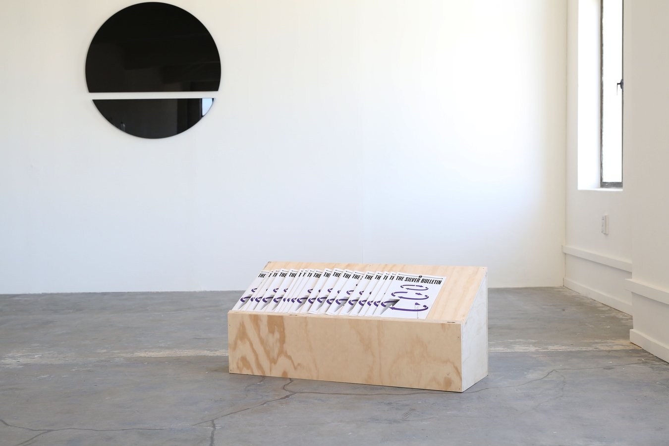 Matthew Galloway, Art over nature, 2013 & Plywood shelf with Silver Bulletin reprints. Image: Daegan Wells.