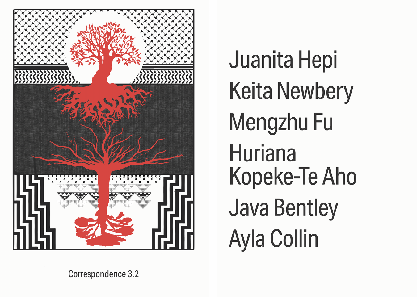 Correspondence 3.2 front and back cover. Illustration by Huriana Kopeke-Te Aho. Designed by Erin Broughton.