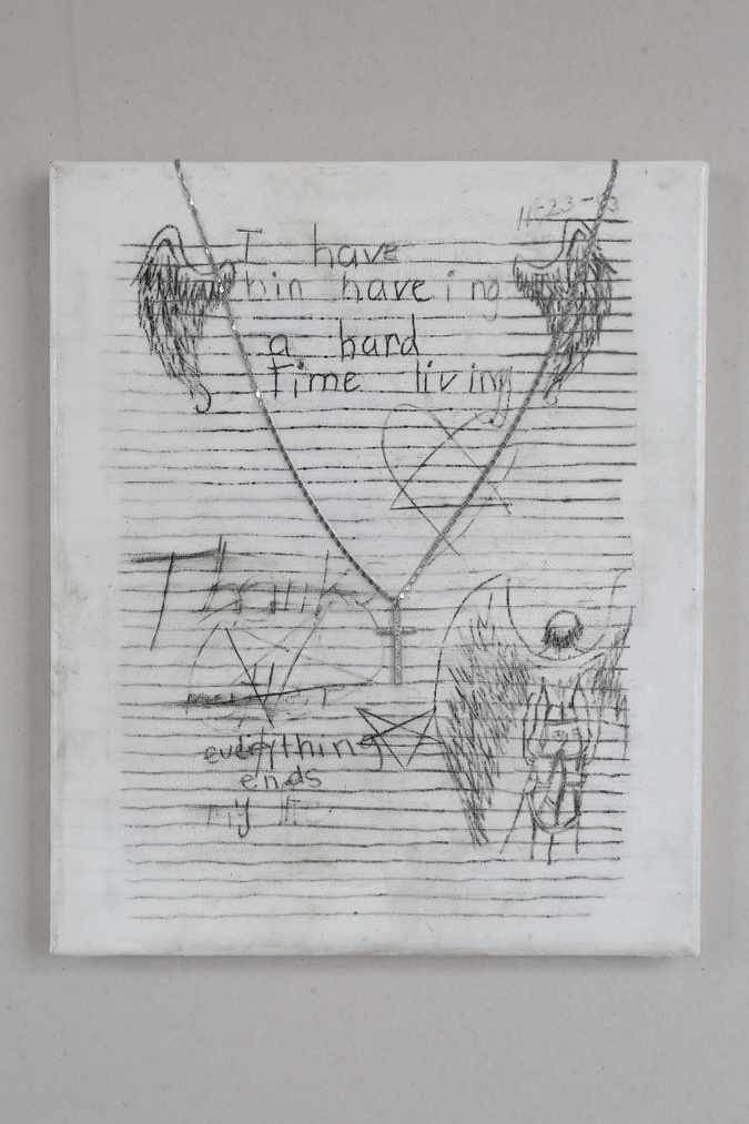 Thanks mather 4 my life, graphite, paper, resin, silver necklace, 2016 Image: Daegan Wells