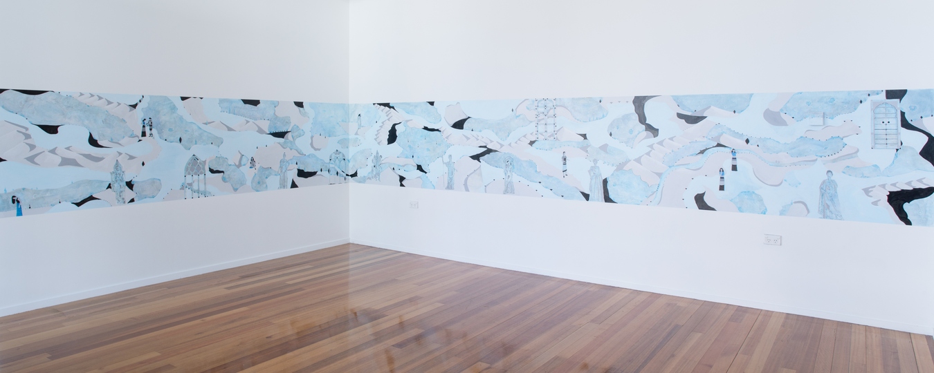 Image: Rhea Maheshwari, Ornamental Utopia (installation view), 2019, acrylic wall painting, 1 x 9.6m. Photo: Janneth Gil.